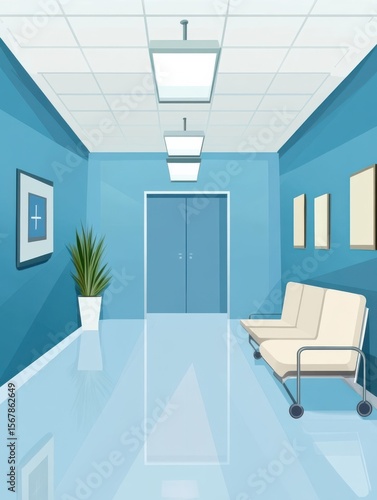 Background of patient waiting area in front of hospital treatment room in blue tone