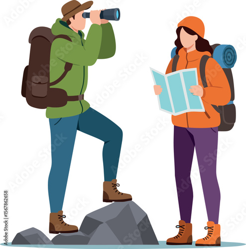 Two hikers exploring nature with backpack binoculars and map in outdoor adventure scene 
