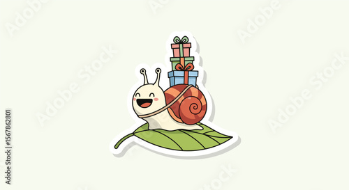 A cheerful snail carries a stack of wrapped presents on a green leaf