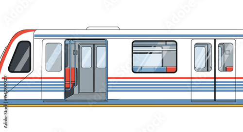 Modern electric mass transit subway train showing passenger doors and windows for urban commuter transportation on a bright day