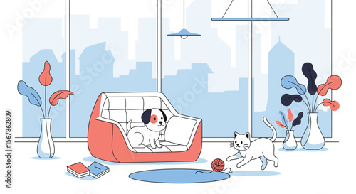 A cozy home for beloved pets enjoying relaxing moments together indoors