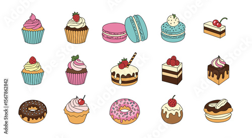 A delicious assortment of sweet treats featuring cupcakes macarons cakes and donuts in a pixelated style