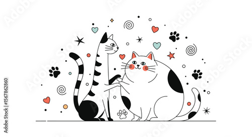 Adorable illustration of two cute cats in a playful and loving pose surrounded by charming decorative elements creating a heartwarming scene