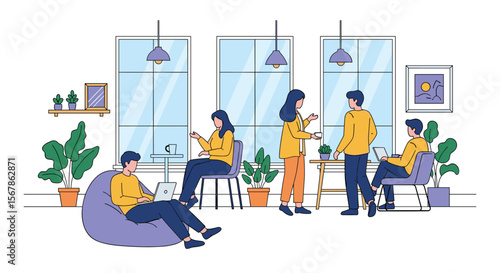 Diverse group of professionals collaborating and working together in a modern open office space enjoying a productive workday atmosphere