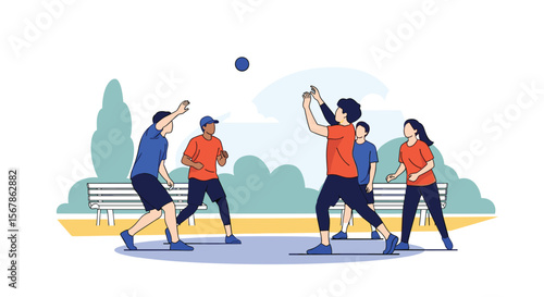 A group of friends enjoying a casual game of volleyball on a sunny afternoon outdoors