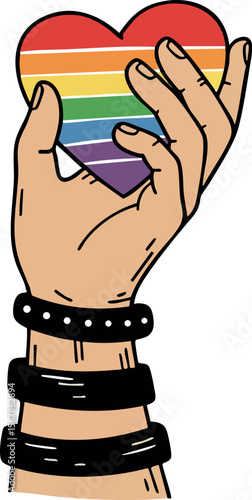 Hand holding rainbow heart symbolizing pride and LGBTQ+ support with black wristbands vector illustration 