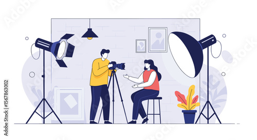 Professional photography studio setup with photographer and model ready for a photo shoot session