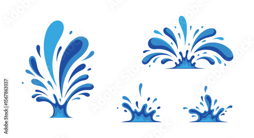 Collection of blue water splashes and explosions with droplets in various dynamic forms