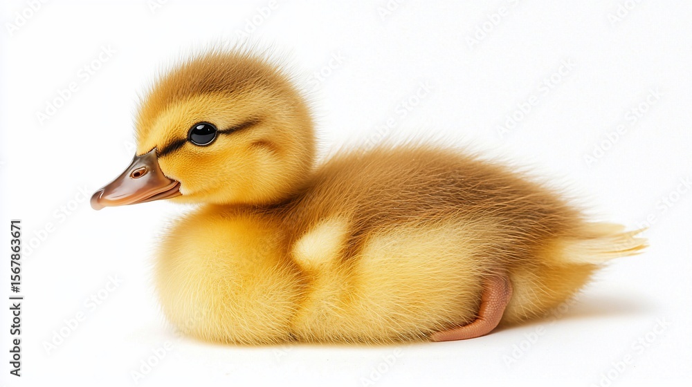 Fluffy yellow duckling resting, looking left, white background Fluffy yellow duckling resting, looking left, white background