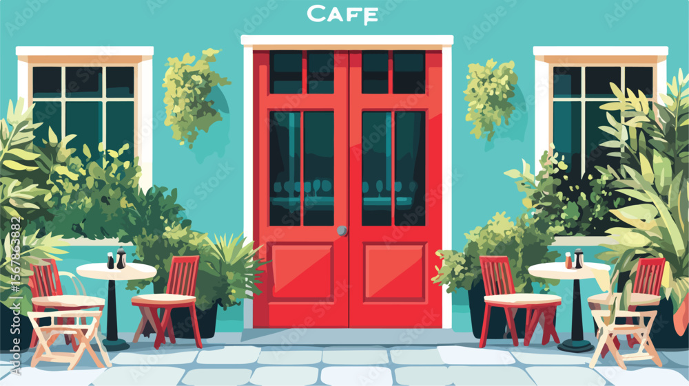 Obraz premium Charming Cafe Facade with Inviting Red Door - Interior Design Inspiration