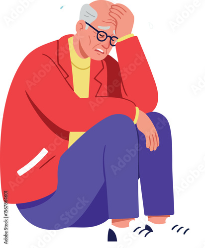 Elderly man sitting with hand on forehead in thoughtful pose vector illustration 