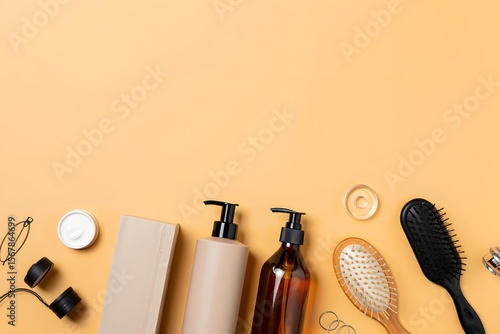 Flat lay of professional hair products shampoo conditioner brush and accessories on yellow surface