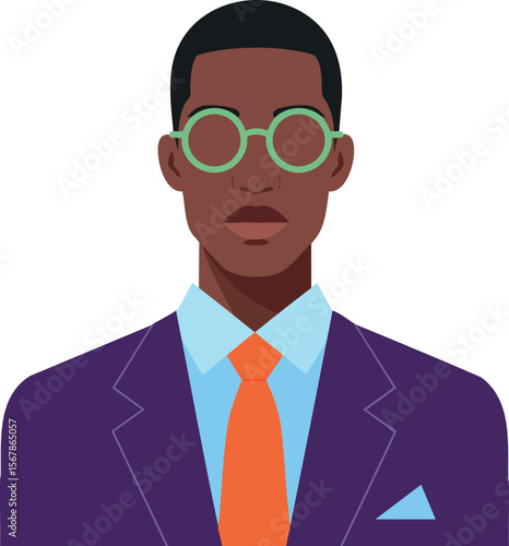 Man in purple suit with orange tie and green round glasses vector illustration 