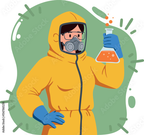 Scientist in yellow hazmat suit holding laboratory flask with orange liquid vector illustration 
