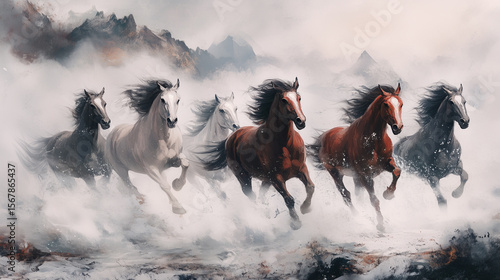 Horses gallop outdoors, with great momentum. Chinese ink - wash painting.
