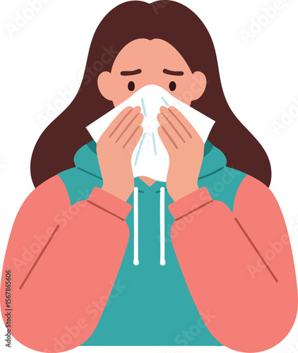 Woman blowing nose with tissue vector illustration of cold or allergy symptoms in teal and coral hoodie 