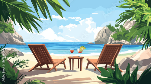 Tranquil Beach Scene with Wooden Loungers - Relaxation and Serenity