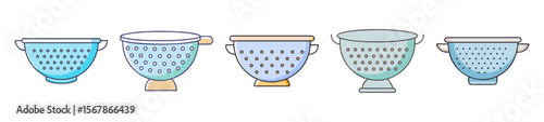 Stylized vector illustrations of various kitchen colanders in different shapes and colors
