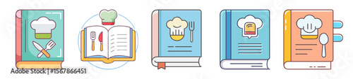 Collection of cartoon stylized cookbook illustrations with various colorful themes
