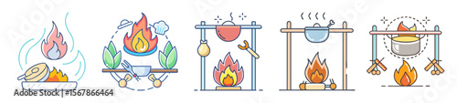 Collection of campfire cooking setup illustrations showing different ways to cook outside