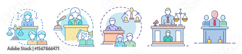 Diverse Courtroom Settings and Legal Proceedings Illustration with Scales of Justice