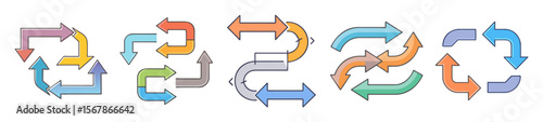 Different styles of colorful process flow diagram arrows in looped formations
