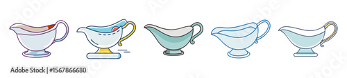 A variety of stylized gravy boats in different shapes and colors