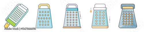 Stylized illustration of a variety of kitchen graters with different shapes and colors