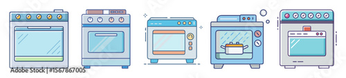 Collection of cartoon ovens and microwaves with light blue tones