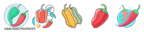 Colorful Vector Illustration of Various Peppers in Different Shapes and Colors