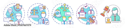 Representations of legal and regulatory processes, showcasing fairness, compliance, and decisions