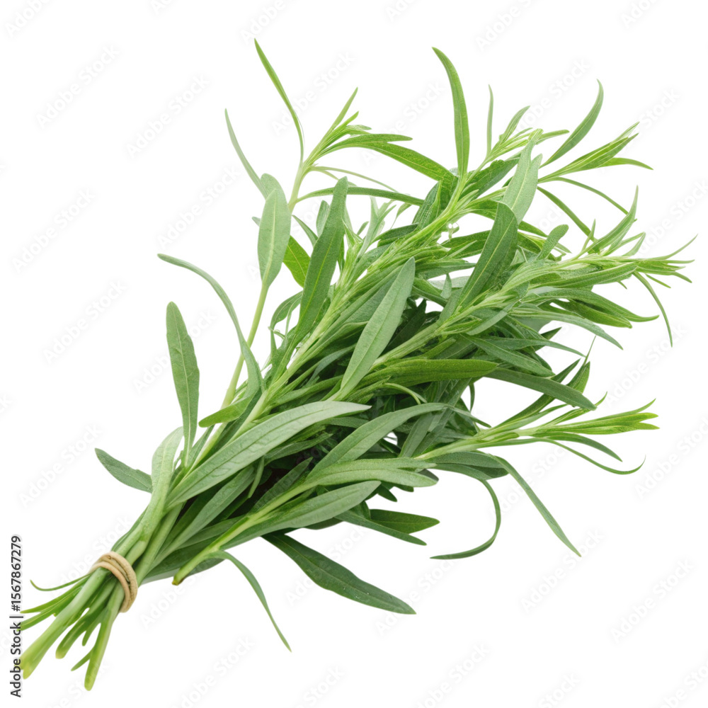 Fototapeta premium Fresh tarragon bundle isolated on a white background showcasing vibrant green leaves and natural texture
