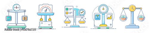 Diverse set of scales representing time, value, compliance and performance in balance