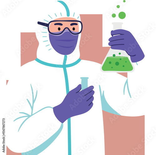 Scientist in protective suit holding green chemical in laboratory flask vector illustration 