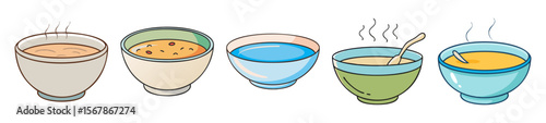 Cartoonish Bowls of Different Liquids Including Soup and Water Ready to Serve