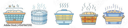 Illustrations of cooking steamers in various shapes sizes and materials with steam