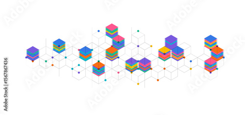 Technology background. Big data visualization concept. Information artificial neural network. Abstract geometric background with isometric. Digital cube isometric on blue background.