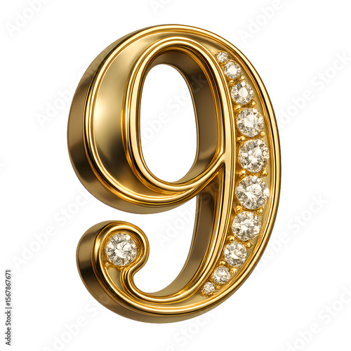 Gold number nine with diamonds on a metallic background