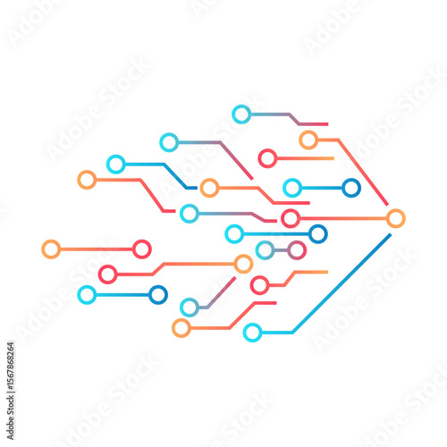 symbol of interconnected dots and lines, network or circuit, brighter and more energetic colors. dynamism, connectivity and data flow in the world of technology