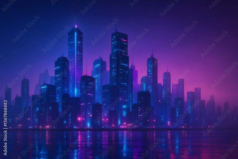 Fototapeta premium Futuristic city skyline with glowing neon lights, dusk atmosphere, cyberpunk style, mist and reflections, high-tech and vibrant mood