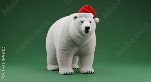 White Polar Bear Wearing Red Santa Hat on Green Background