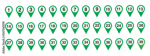 Collection of numbered green location pins from one to thirty nine