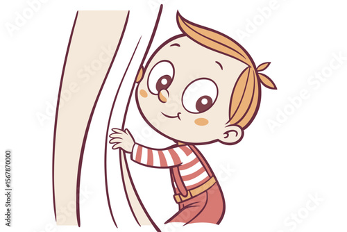 Vector cute Baby Boy cartoon character, with bright, curious eyes and a shy smile, wearing a striped shirt and playing peek-a-boo behind a curtain, in a sweet, endearing style, isolated on white backg