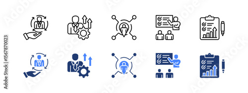 Succession management icon set. with Employee, Executive, Internal, Mentorship, Performance assessment. editable stroke icon set.	