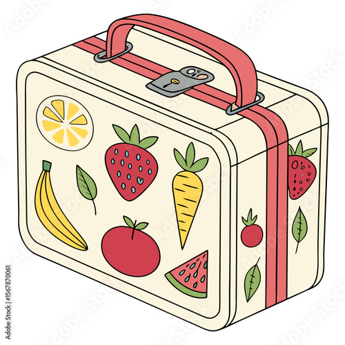 Cream lunchbox with fruit illustrations yellow green
