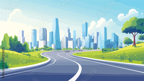 Urban skyline view from curved bridge road leading to city with skyscrapers