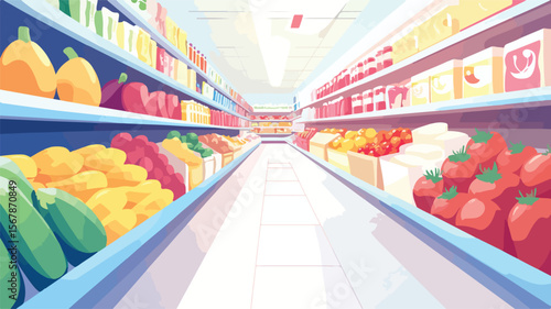 Beautifully Illustrated Supermarket Aisle with Fresh Produce and Products