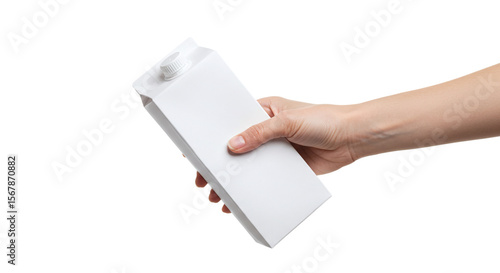 Hand holding white rectangular carton box with screw cap isolated on a transparent background