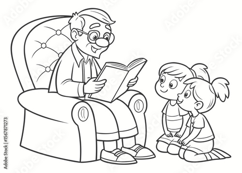 Cartoon Grandfather Reading a Story to Two Granddaughters in a Comfortable Armchair Illustration cartoon illustration