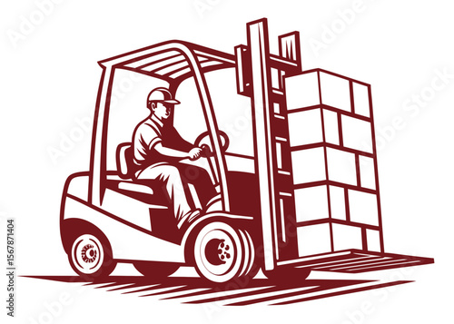 Forklift Operator Lifting Pallet of Boxes Illustration in Maroon and White Color Scheme maroon white